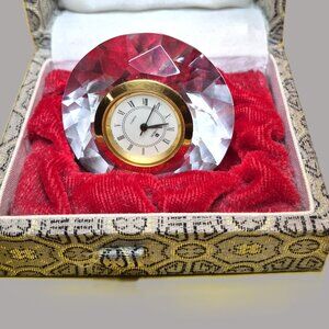 Small Vintage Crystal Quartz Clock, Faceted Glass Design, Mini Paperweight Desk